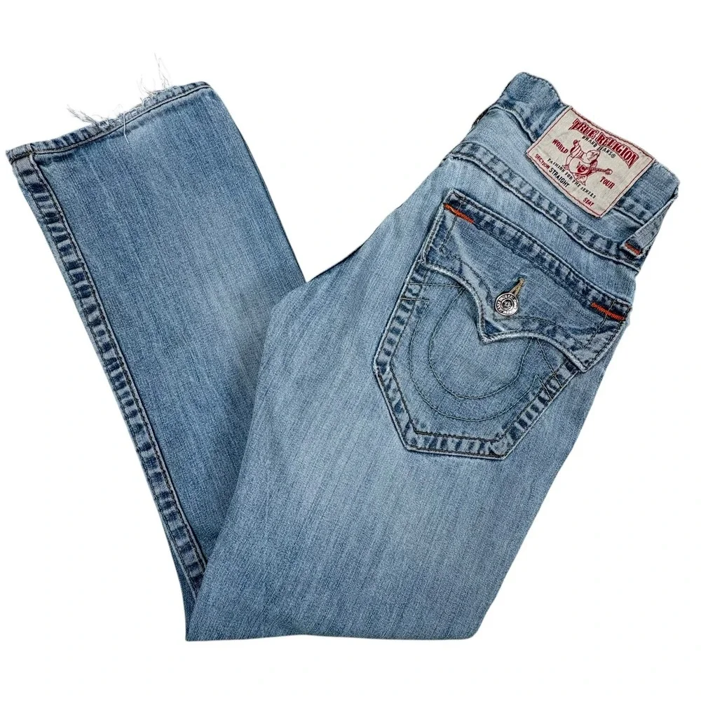 True Religion World Tour Straight Flap Jeans Mens 30 Light Wash Distressed Y2K